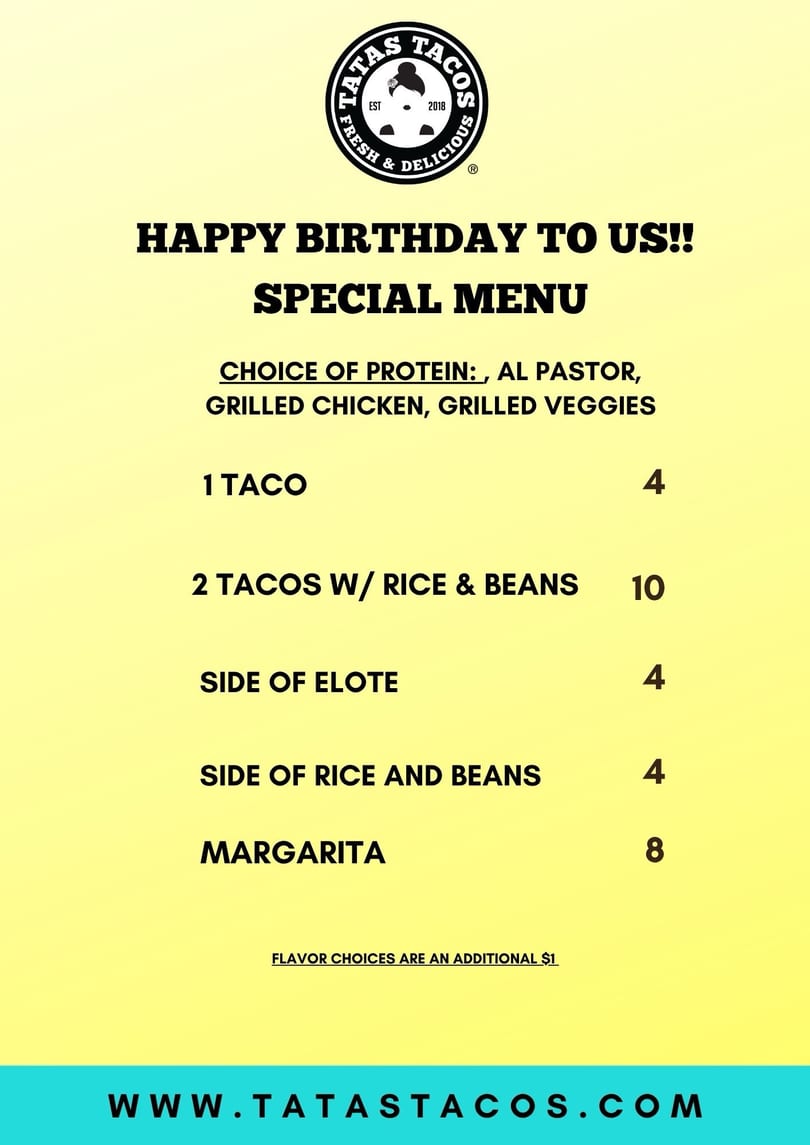 Tatas Tacos 8th Birthday Special Menu
