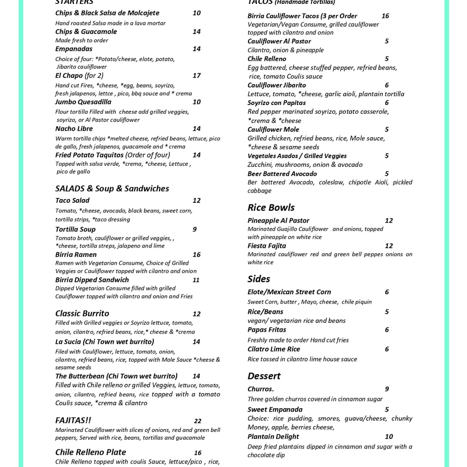 Tatas Tacos Vegetarian and Vegan Menu