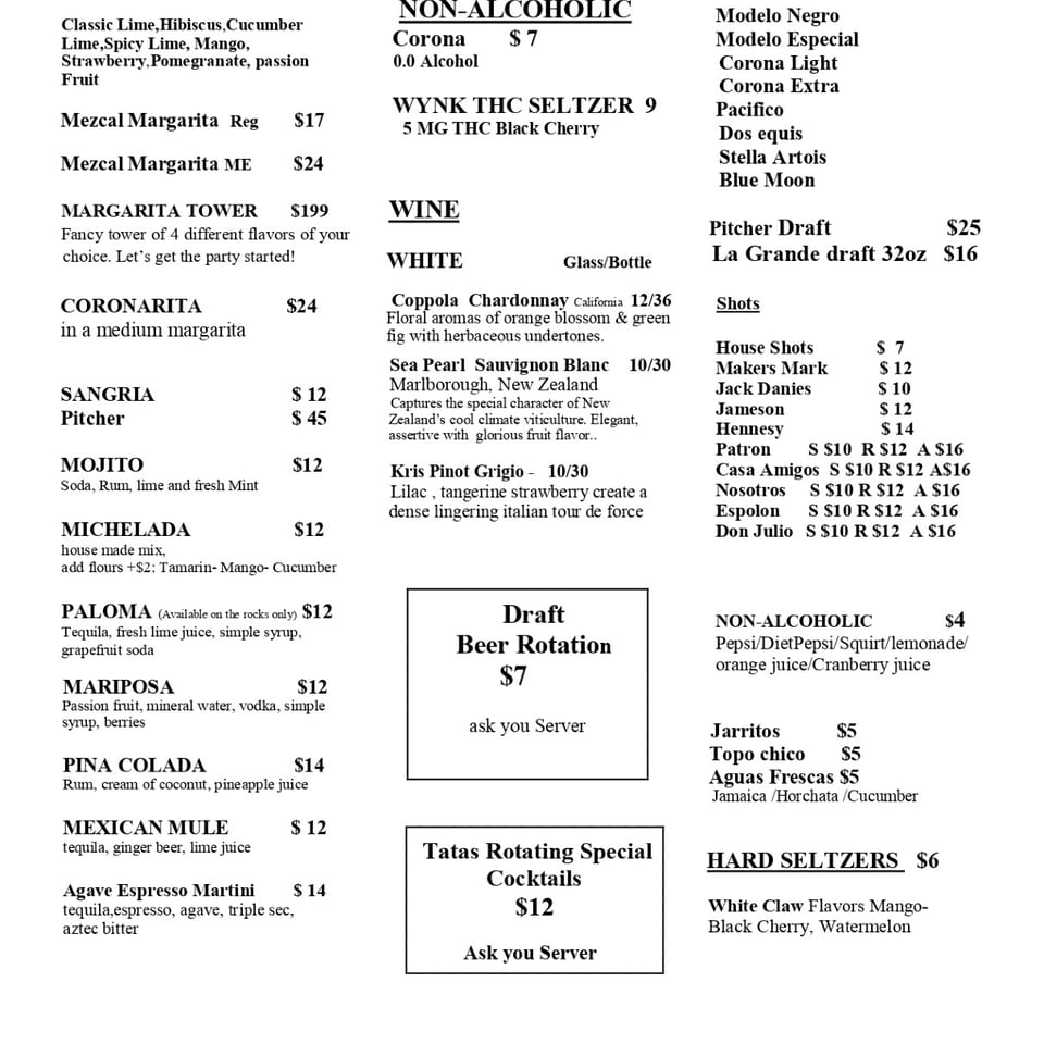 Tatas Tacos Drinks Menu